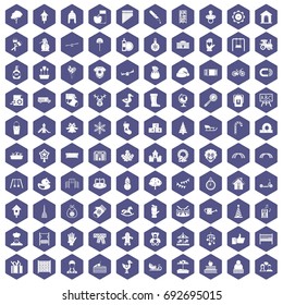 100 kindergarten icons set in purple hexagon isolated vector illustration