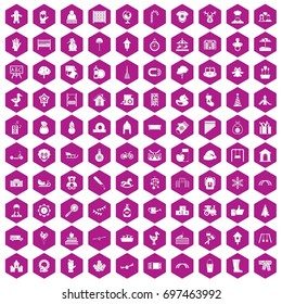 100 kindergarten icons set in violet hexagon isolated vector illustration