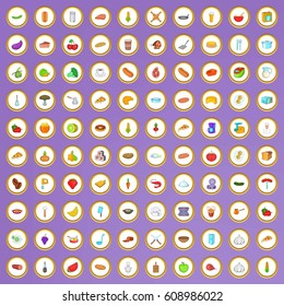 100 kitchen icons set in cartoon style on purple background vector illustration