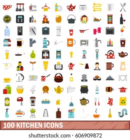 100 kitchen icons set in flat style for any design vector illustration