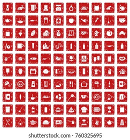 100 kitchen icons set in grunge style red color isolated on white background vector illustration