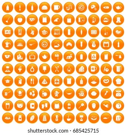 100 kitchen icons set in orange circle isolated on white vector illustration