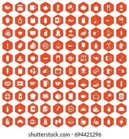 100 kitchen icons set in orange hexagon isolated vector illustration