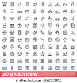 100 kitchen icons set. Outline illustration of 100 kitchen icons vector set isolated on white background