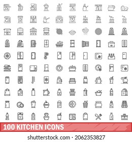 100 kitchen icons set. Outline illustration of 100 kitchen icons vector set isolated on white background