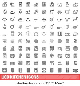 100 kitchen icons set. Outline illustration of 100 kitchen icons vector set isolated on white background