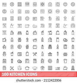 100 kitchen icons set. Outline illustration of 100 kitchen icons vector set isolated on white background