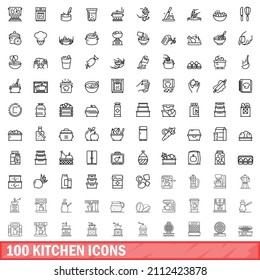 100 kitchen icons set. Outline illustration of 100 kitchen icons vector set isolated on white background