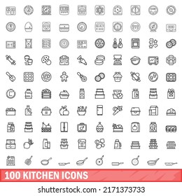 100 kitchen icons set. Outline illustration of 100 kitchen icons vector set isolated on white background