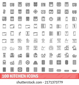 100 kitchen icons set. Outline illustration of 100 kitchen icons vector set isolated on white background