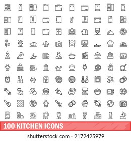 100 kitchen icons set. Outline illustration of 100 kitchen icons vector set isolated on white background