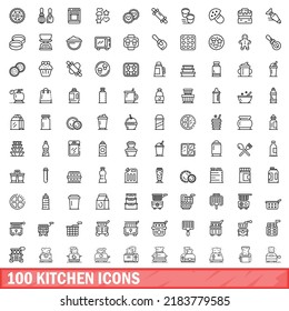 100 kitchen icons set. Outline illustration of 100 kitchen icons vector set isolated on white background