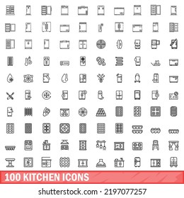100 kitchen icons set. Outline illustration of 100 kitchen icons vector set isolated on white background