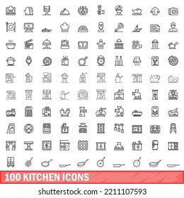 100 kitchen icons set. Outline illustration of 100 kitchen icons vector set isolated on white background