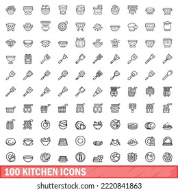 100 kitchen icons set. Outline illustration of 100 kitchen icons vector set isolated on white background