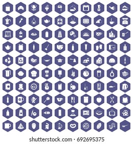 100 kitchen icons set in purple hexagon isolated vector illustration