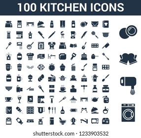 100 Kitchen universal icons set with Washing machine, Mixer, Mitten, Dish, Recipe, Microwave oven, Tap, Kettle, Mortar, Fridge