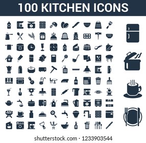 100 kitchen universal icons set with Dinner, Tea cup, Pot, Fridge, Spatula, Cutlery, Garbage, Wine bottle, Mortar, Chef