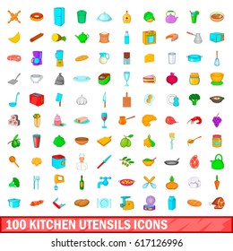 100 kitchen utensils icons set in cartoon style for any design vector illustration