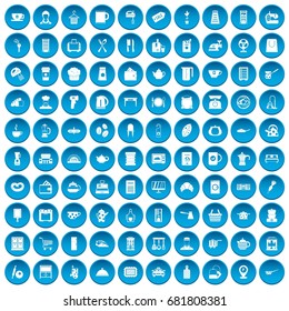 100 kitchen utensils icons set in blue circle isolated on white vector illustration