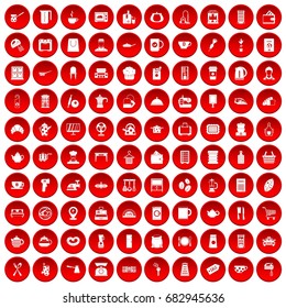 100 kitchen utensils icons set in red circle isolated on white vector illustration