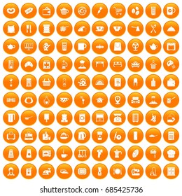 100 kitchen utensils icons set in orange circle isolated on white vector illustration