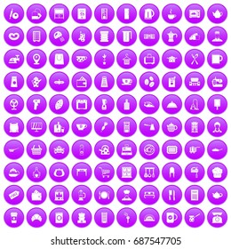 100 kitchen utensils icons set in purple circle isolated on white vector illustration