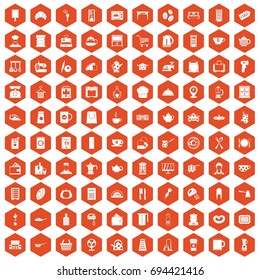 100 kitchen utensils icons set in orange hexagon isolated vector illustration