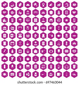 100 kitchen utensils icons set in violet hexagon isolated vector illustration