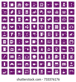 100 kitchen utensils icons set in grunge style purple color isolated on white background vector illustration