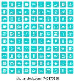 100 kitchen utensils icons set in grunge style blue color isolated on white background vector illustration