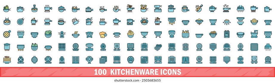 100 kitchenware icons set. Color line set of kitchenware vector icons thin line color flat on white