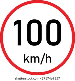 Señal de tráfico de límite de velocidad de 100 km h con círculo rojo sobre fondo blanco: símbolo de regulación de velocidad en carretera, señalización de restricción de velocidad máxima, aviso de seguridad de conducción y reglas de Transporte, ícono de control de velocidad en carretera Urbana y en carretera para la gestión del tráfico y la conciencia de seguridad vial.