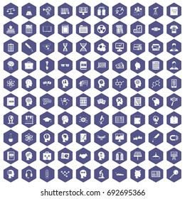 100 knowledge icons set in purple hexagon isolated vector illustration