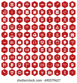 100 knowledge icons set in red hexagon isolated vector illustration