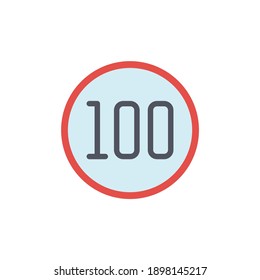 Signo de límite de velocidad de 100 kph, límite de velocidad 100 Tráfico Iniciar sesión en forma plana sólida icono de glifo, aislado en fondo blanco