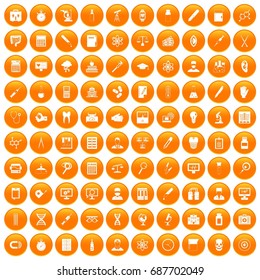 100 lab icons set in orange circle isolated vector illustration