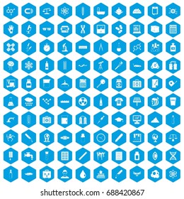 100 laboratory icons set in blue hexagon isolated vector illustration