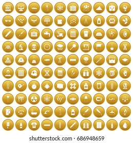 100 laboratory icons set in gold circle isolated on white vectr illustration
