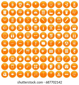 100 laboratory icons set in orange circle isolated vector illustration
