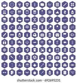 100 laboratory icons set in purple hexagon isolated vector illustration