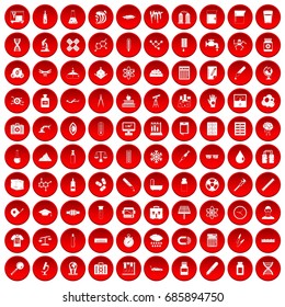 100 laboratory icons set in red circle isolated on white vectr illustration