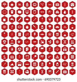 100 laboratory icons set in red hexagon isolated vector illustration