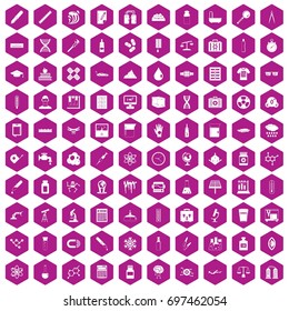 100 laboratory icons set in violet hexagon isolated vector illustration