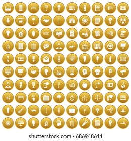 100 lamp icons set in gold circle isolated on white vectr illustration