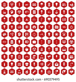 100 lamp icons set in red hexagon isolated vector illustration