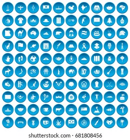 100 landmarks icons set in blue circle isolated on white vector illustration