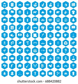 100 landmarks icons set in blue hexagon isolated vector illustration