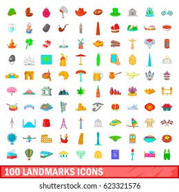 100 landmarks icons set in cartoon style for any design vector illustration