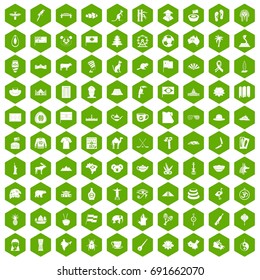 100 landmarks icons set in green hexagon isolated vector illustration